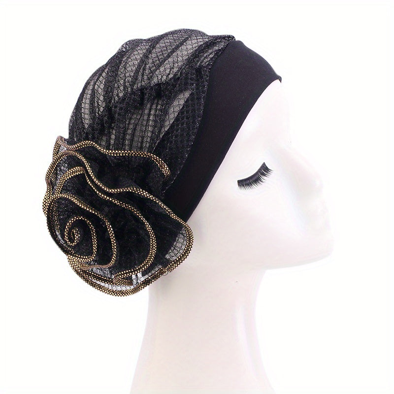Ruffles Flower Glitter Turban Cap Solid Bonnet Head Wrap Head Scarf