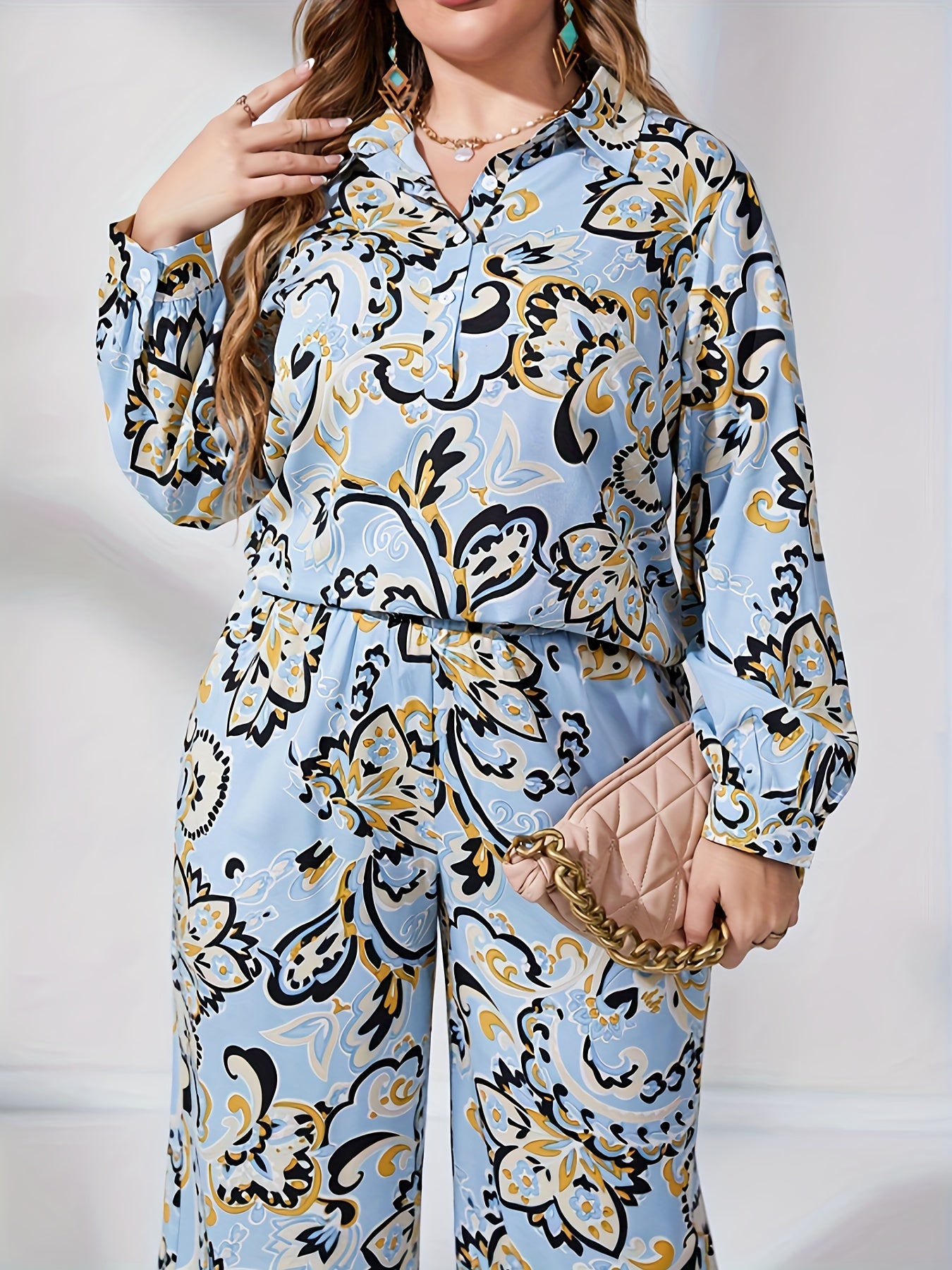  Floral Print Lantern Sleeve Blouse & Wide Leg Pants Set