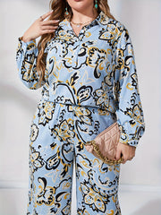 Floral Print Lantern Sleeve Blouse & Wide Leg Pants Set