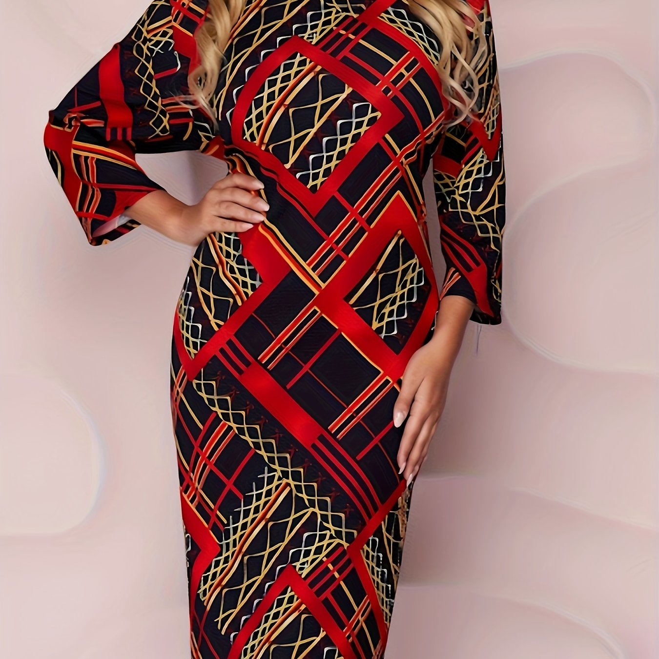  Geometric Print Half Sleeve Dress