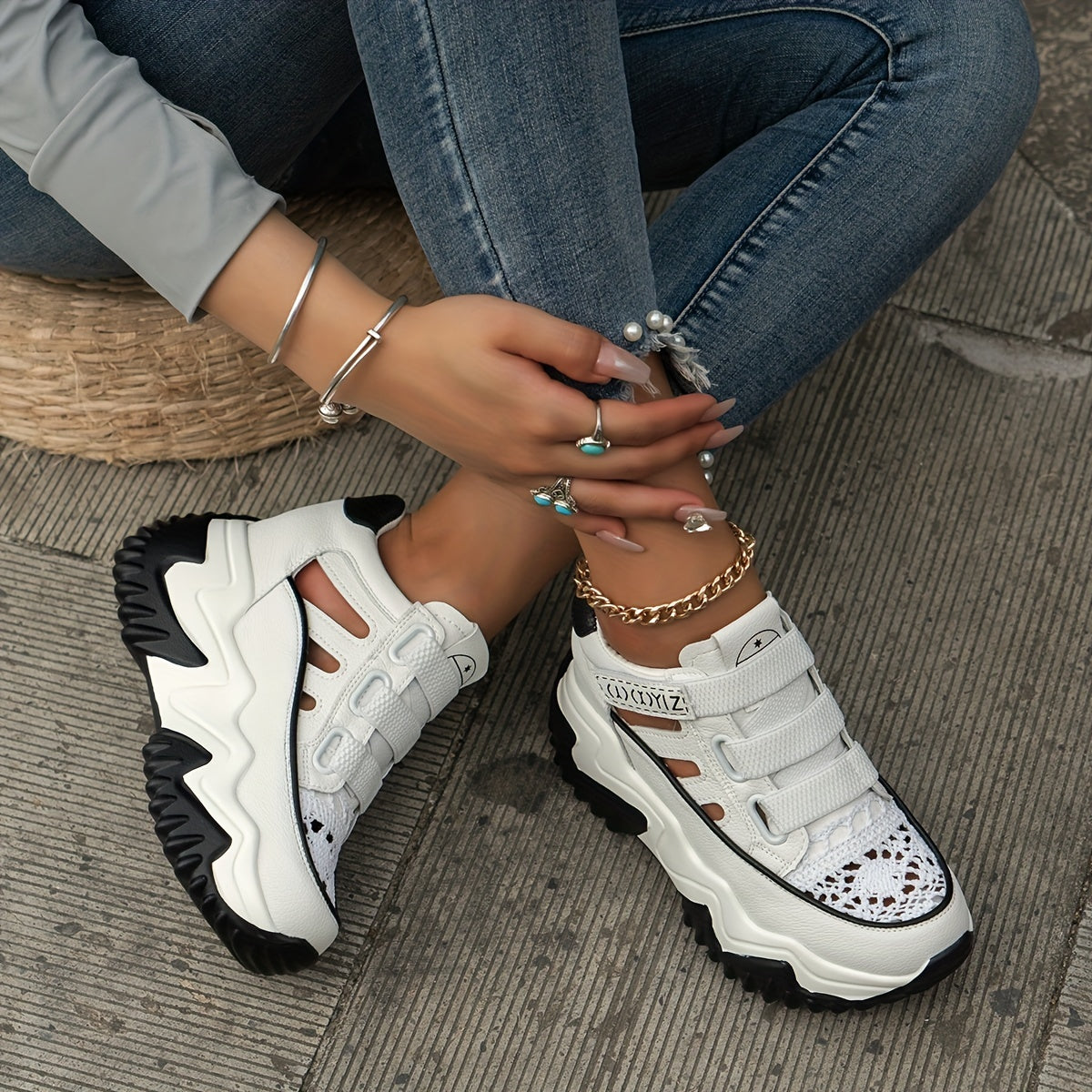 Women's Cutout Platform Sneakers Casual Hook & Loop Shoes