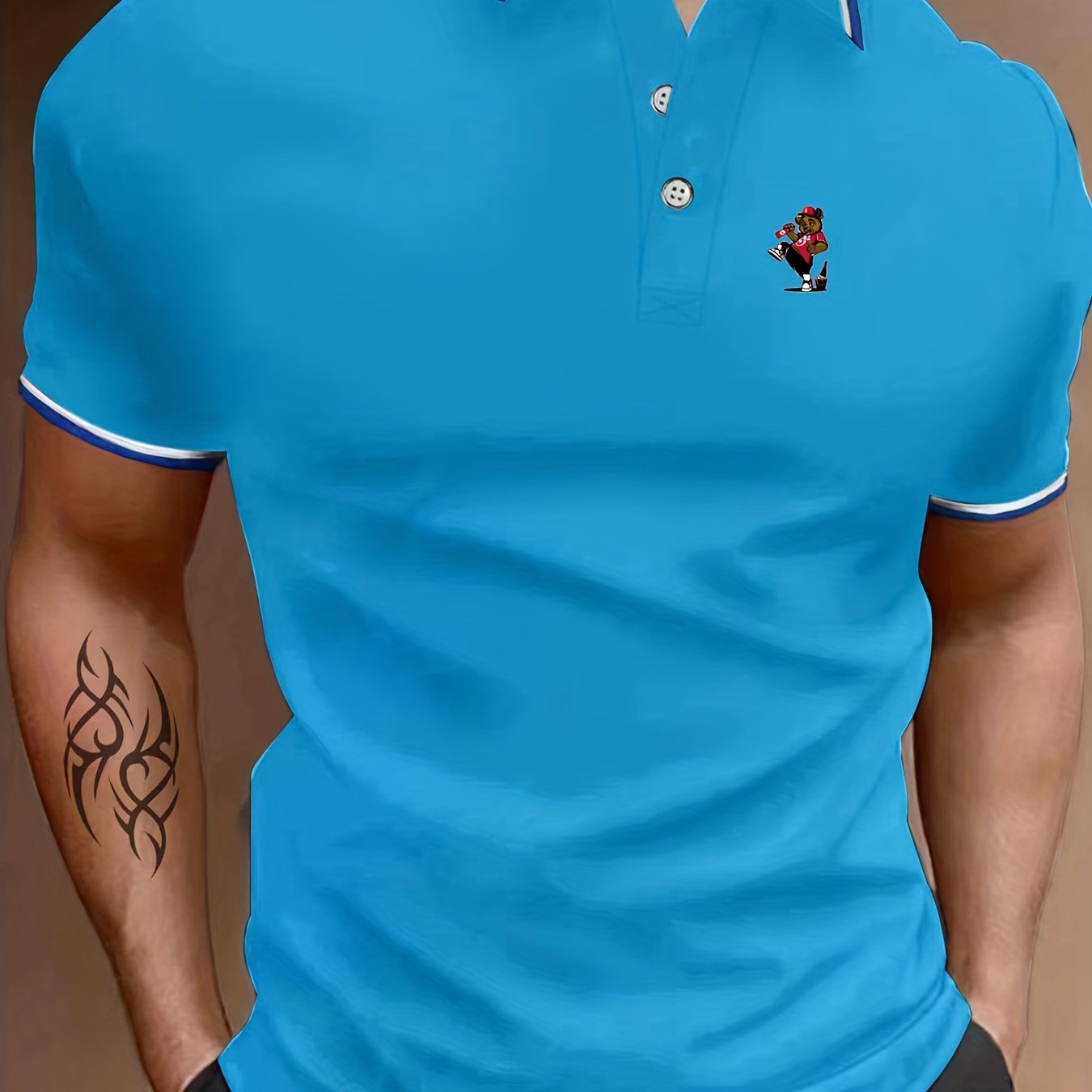 Men's Bear & Drink Graphic Polo Shirt Casual Button Up Short Sleeve
