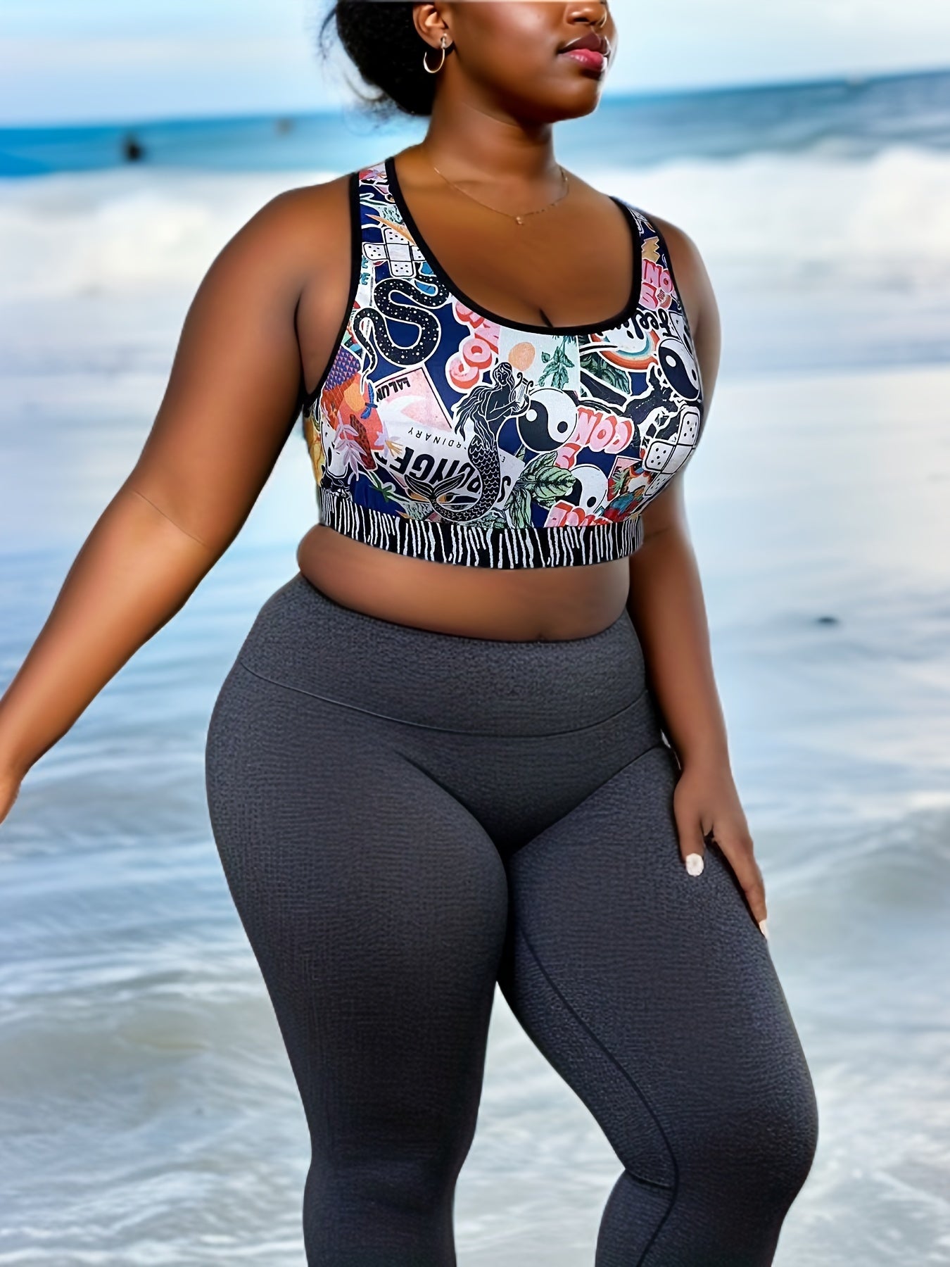  Sports Tank Top Graphic Print High Stretch Round Neck Plus Women