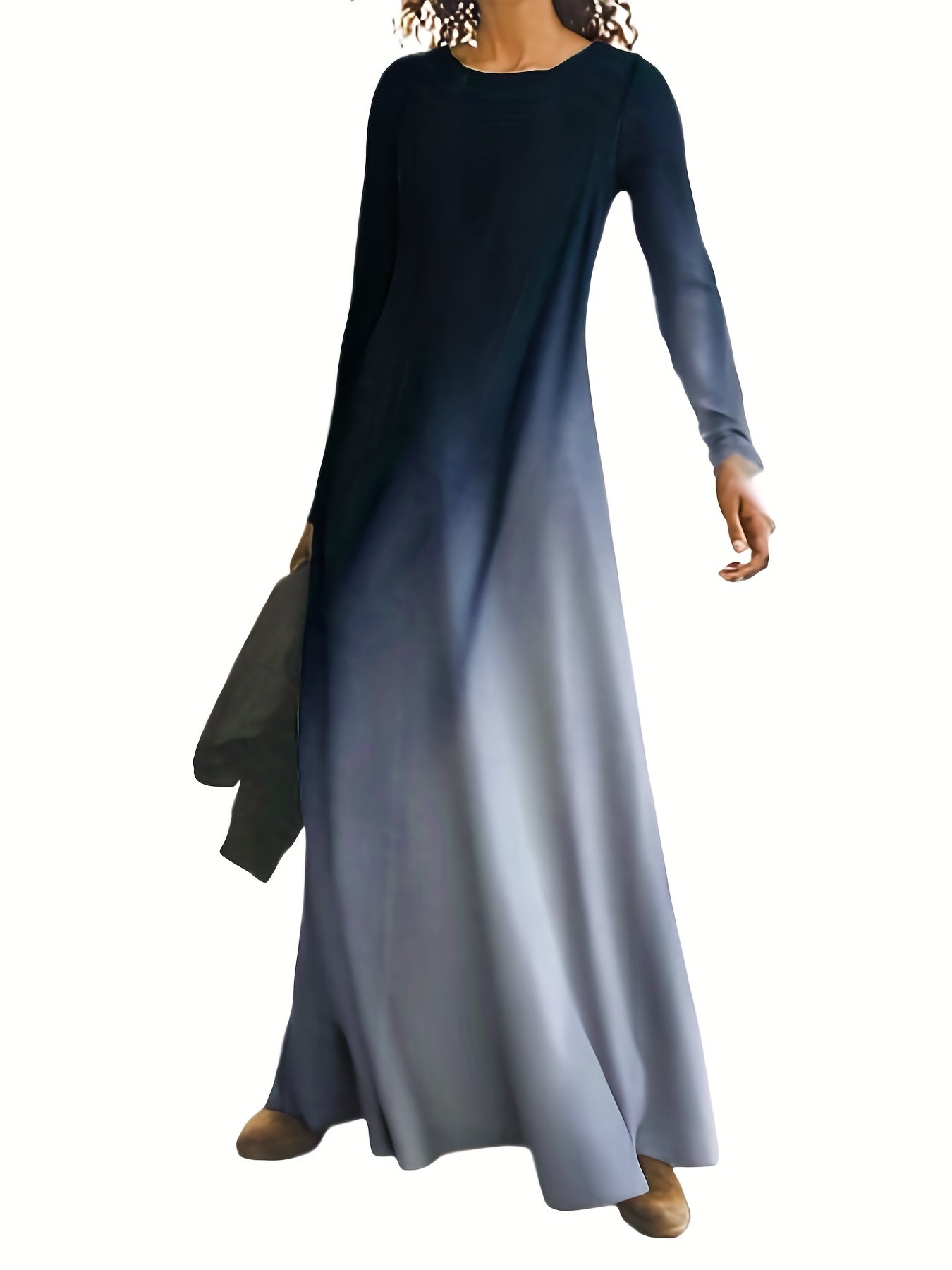  Ombre Long Sleeve Maxi Dress Round Neck High Stretch