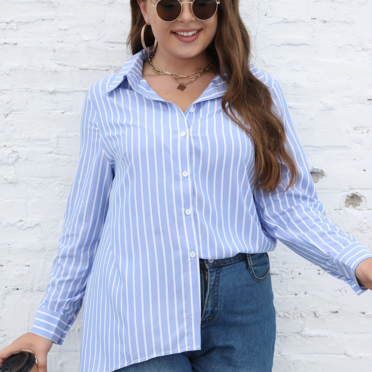  Stripe Print Button Up Long Sleeve Tunic Blouse