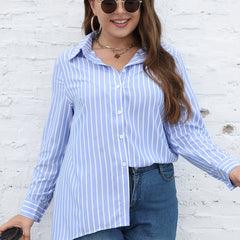  Stripe Print Button Up Long Sleeve Tunic Blouse