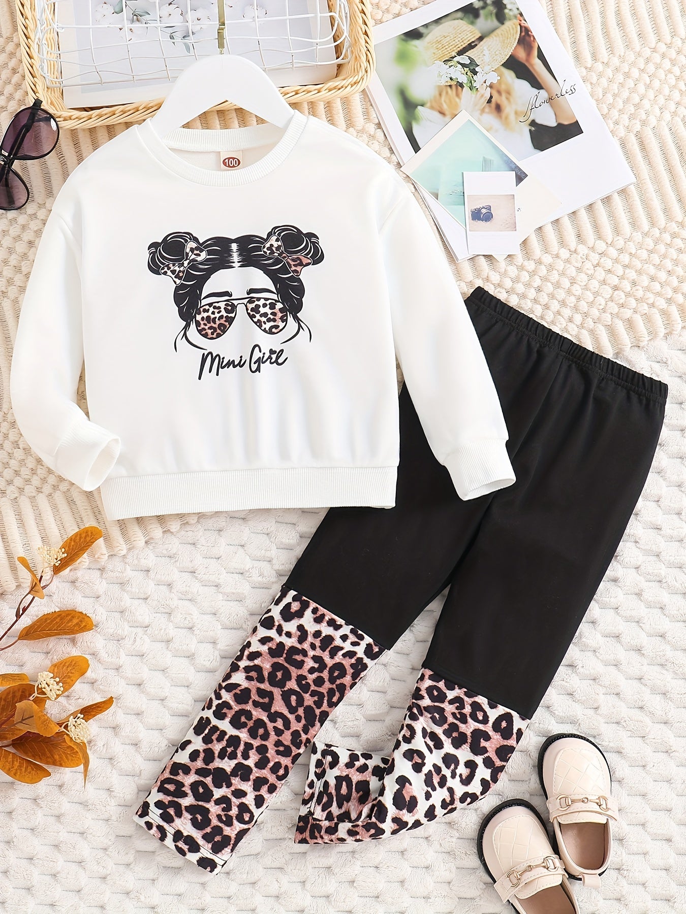 Toddler Girl's MINI GIRL Print Sweatshirt & Leopard Pattern Leggings Set