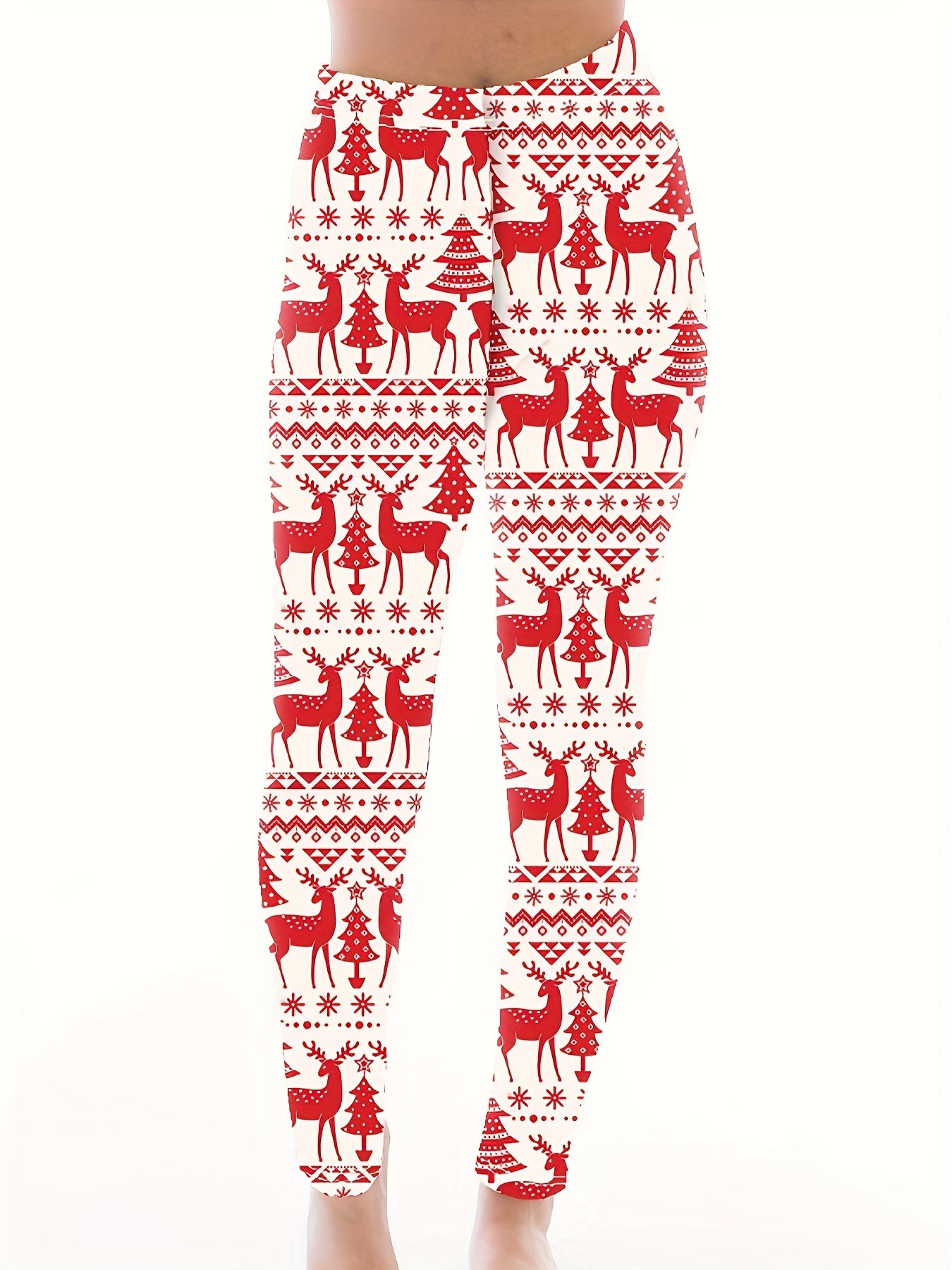  Christmas Leggings Reindeer & Tree Print High Rise Stretch Leggings