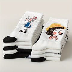 5 Pairs Cartoon Print Socks Comfy & Mid Tube Socks Women's Stockings
