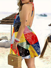  Colorblock Paisley Print Halter Neck Dress