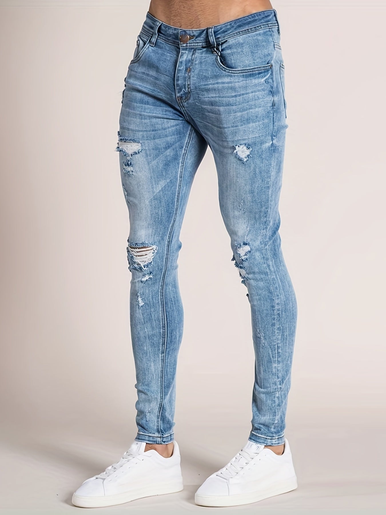 Men's Slim Fit Ripped Jeans Distressed Mid Stretch Denim Pants
