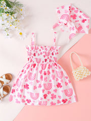 Girls Flower & Rainbow Frill Trim Shirred Dress & Headband Set
