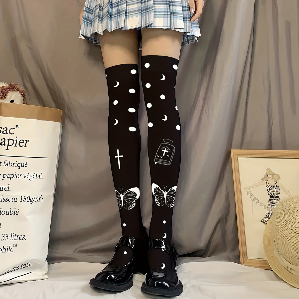 Butterfly & Spider Print Over The Knee Socks Halloween Party Stockings