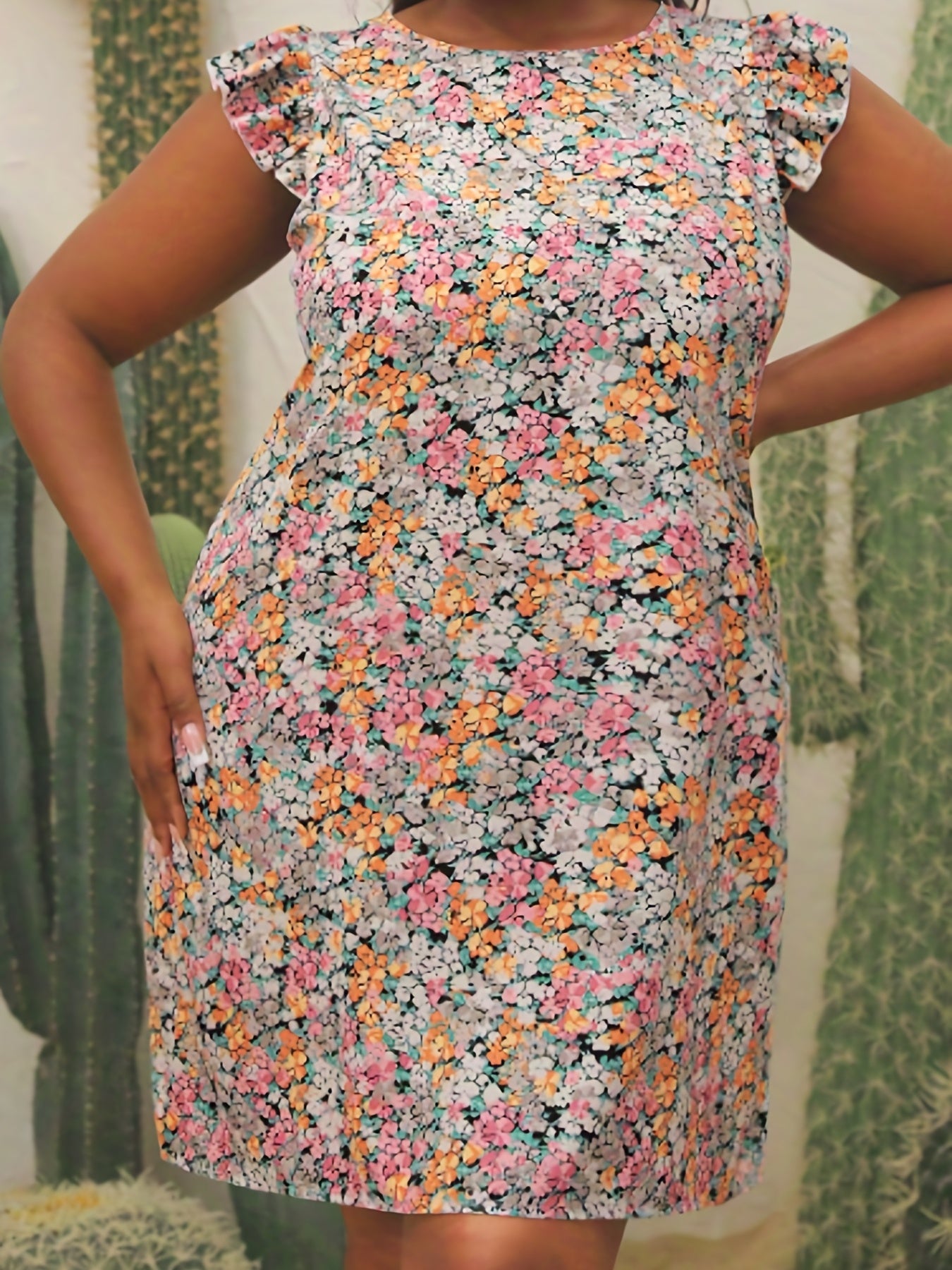  Floral Print Cap Sleeve Tie Back Dress