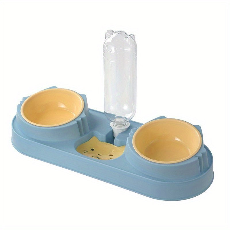 Cat Double Bowls w/ Gravity Water Bottle 3-In-1