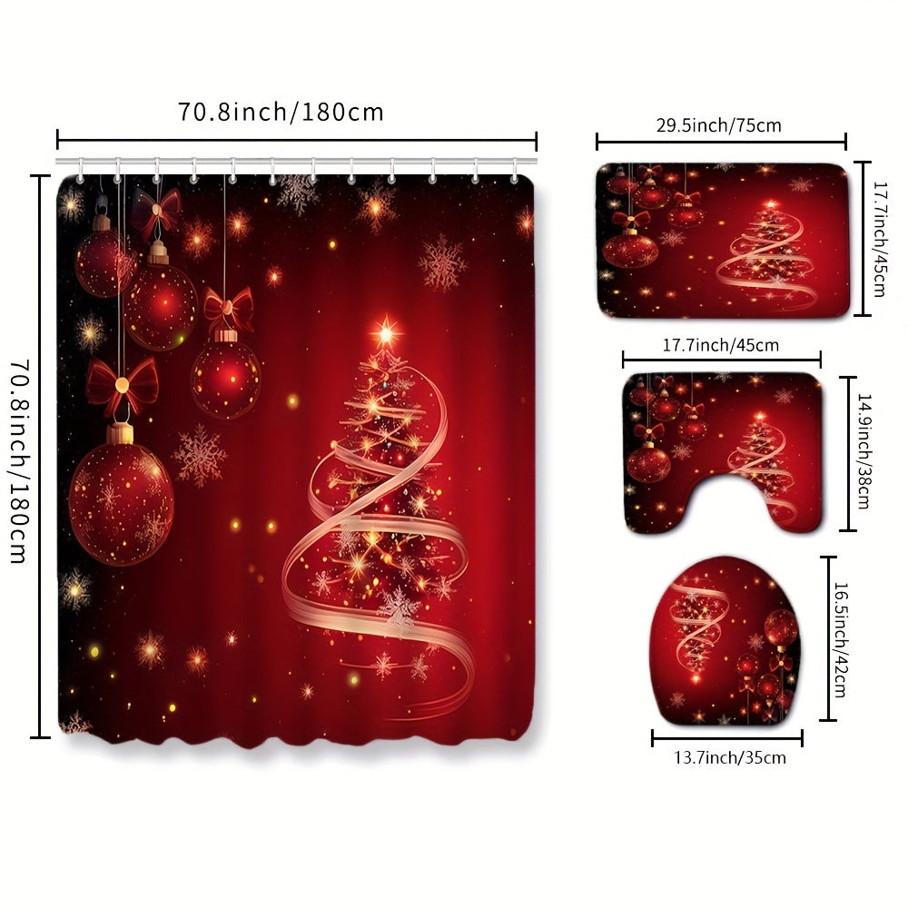 4pcs Red Christmas Tree Bathroom Set with Decorative Curtain & Non-Slip Carpet