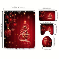 4pcs Red Christmas Tree Bathroom Set with Decorative Curtain & Non-Slip Carpet