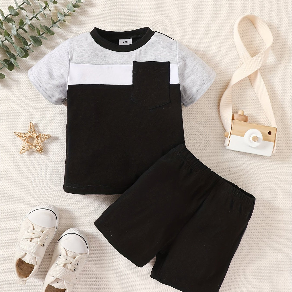 Boys Block Pocket T Shirt And Shorts Set for Summer