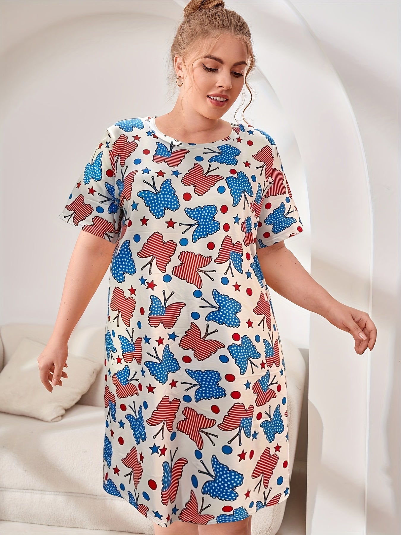  Independence Casual Loungewear Dress Women's Plus Flag & Butterfly