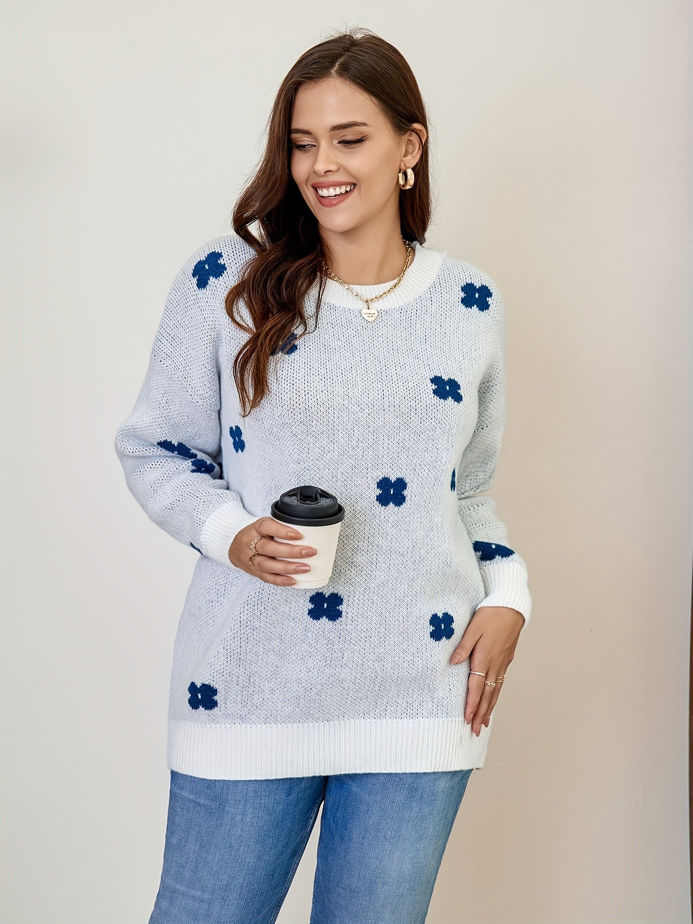  Floral Pattern Long Sleeve Pullover Jumper