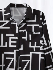  Letter Print Button Up Collar Blouse