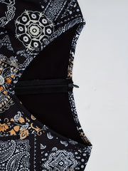  Boho Dress Colorblock Scarf & Paisley Print Short Sleeve V Neck Dress