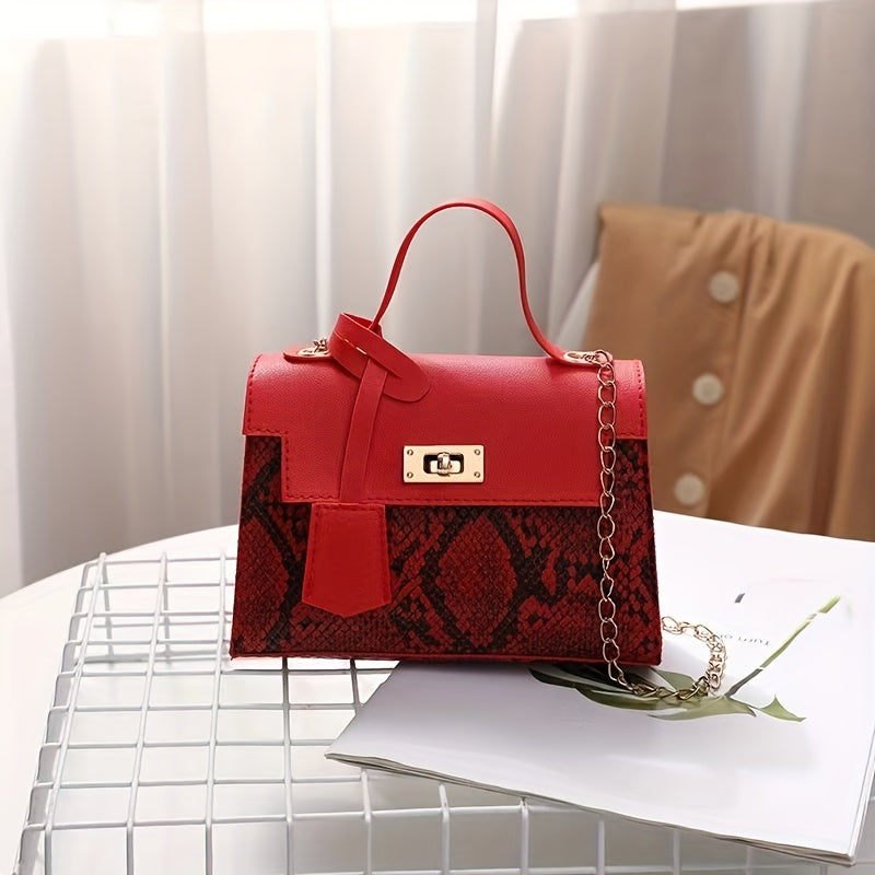 Snake Skin Pattern Crossbody Bag Turn Lock Chain Bag