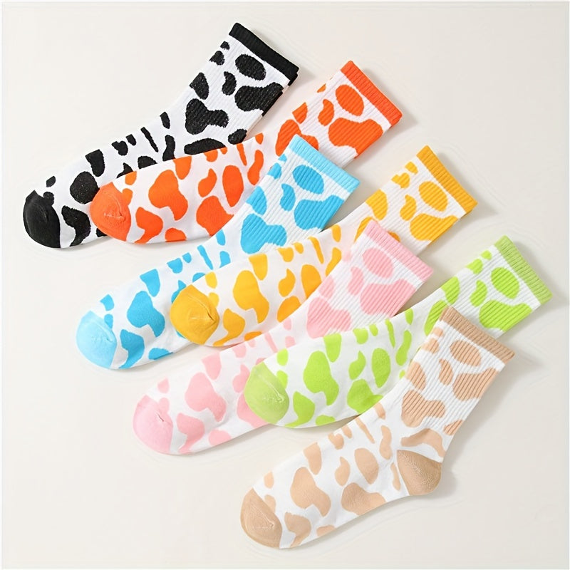 7 Pairs Cow Spot Print Socks Comfy & Breathable Mid Tube Socks