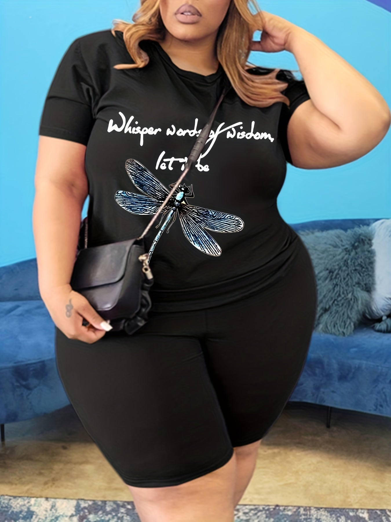  Slogan & Dragonfly Print 2 Piece Set