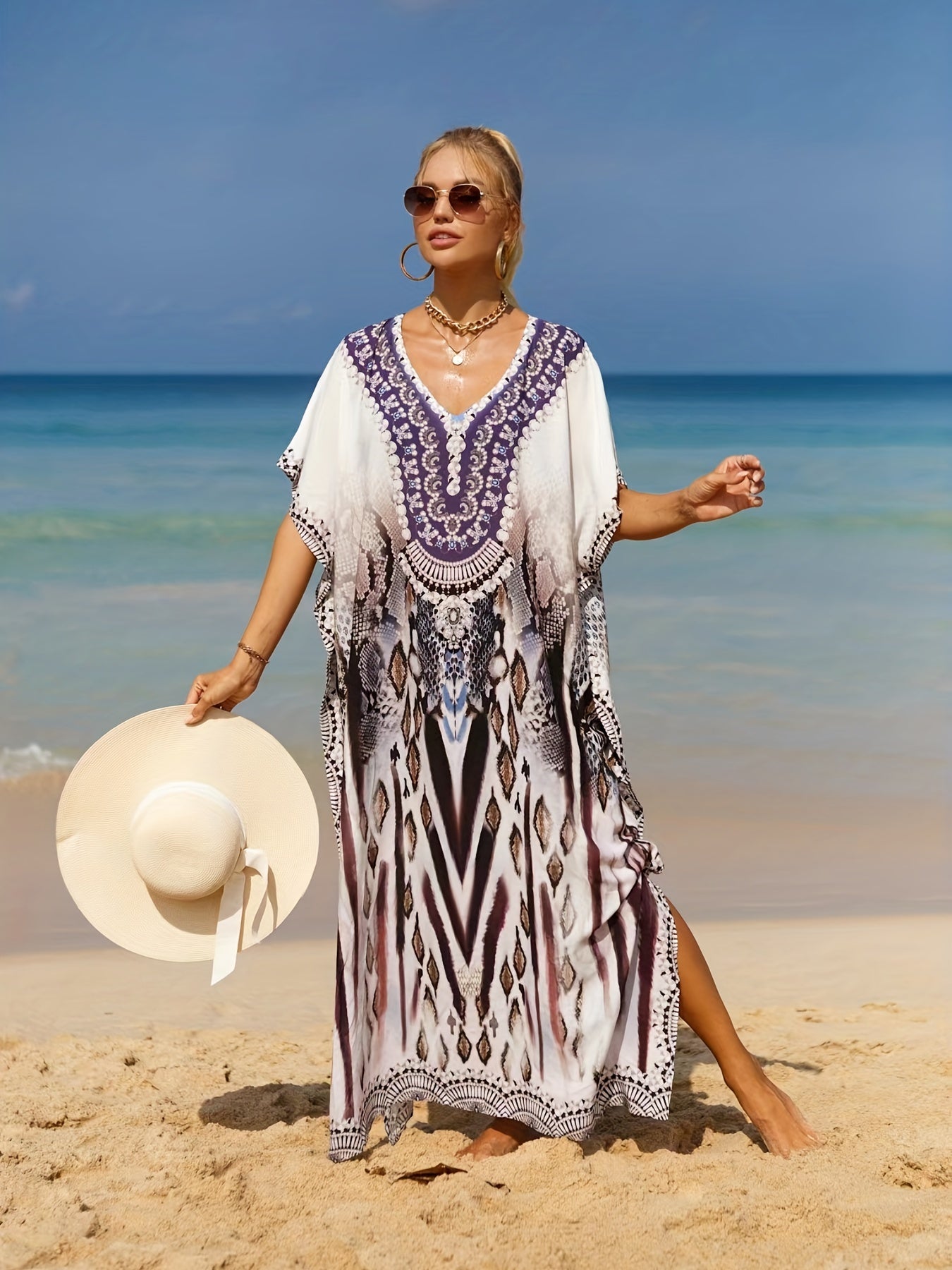  Boho Cover Up Women's Plus Tropical Print Bat Sleeve V Neck