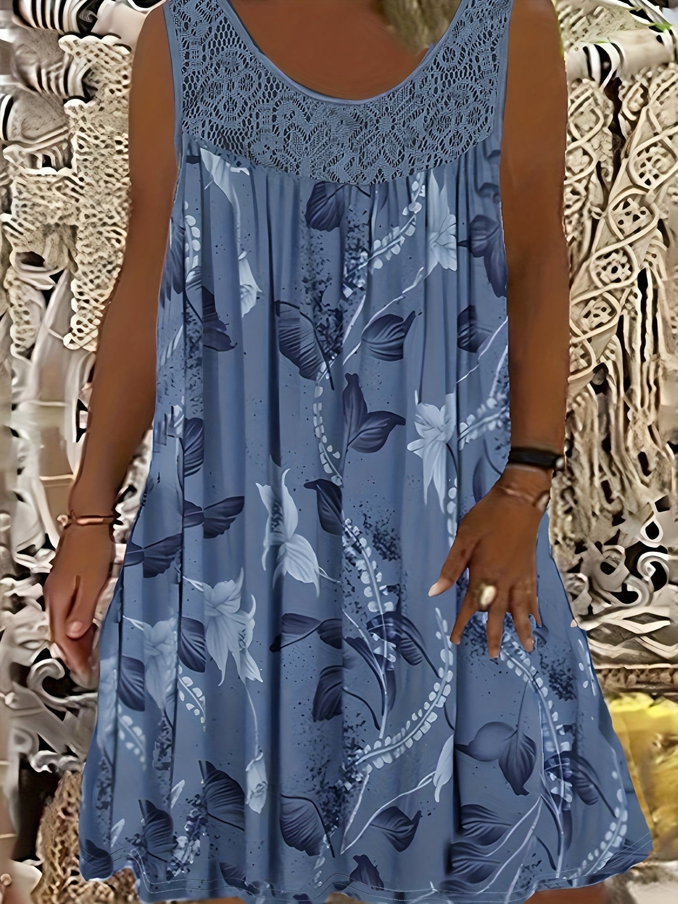  Casual Tank Dress Women's Plus Leaf Print Contrast Lace Round Neck