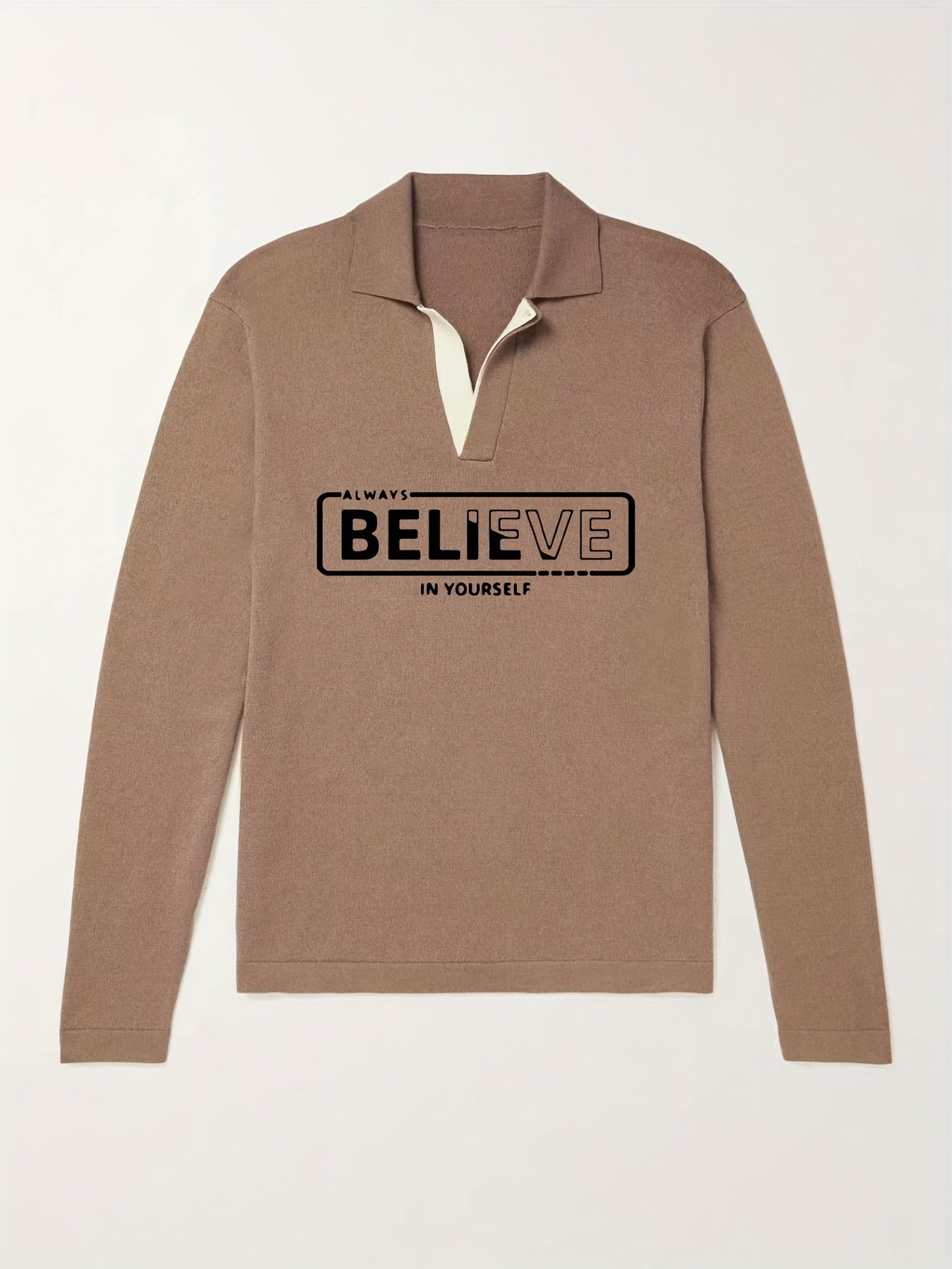 BELIEVE Pattern Knit Polo Shirt Men's Casual Lapel Pullover Sweater