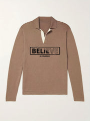 BELIEVE Pattern Knit Polo Shirt Men's Casual Lapel Pullover Sweater
