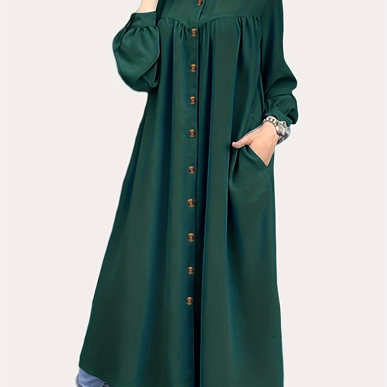  Lantern Sleeve Maxi Shirt Dress With Pockets