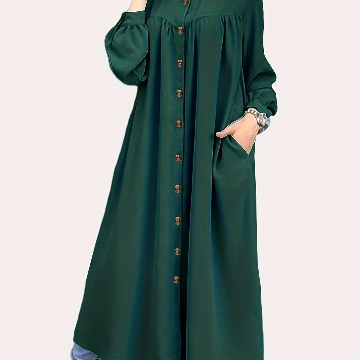  Lantern Sleeve Maxi Shirt Dress With Pockets