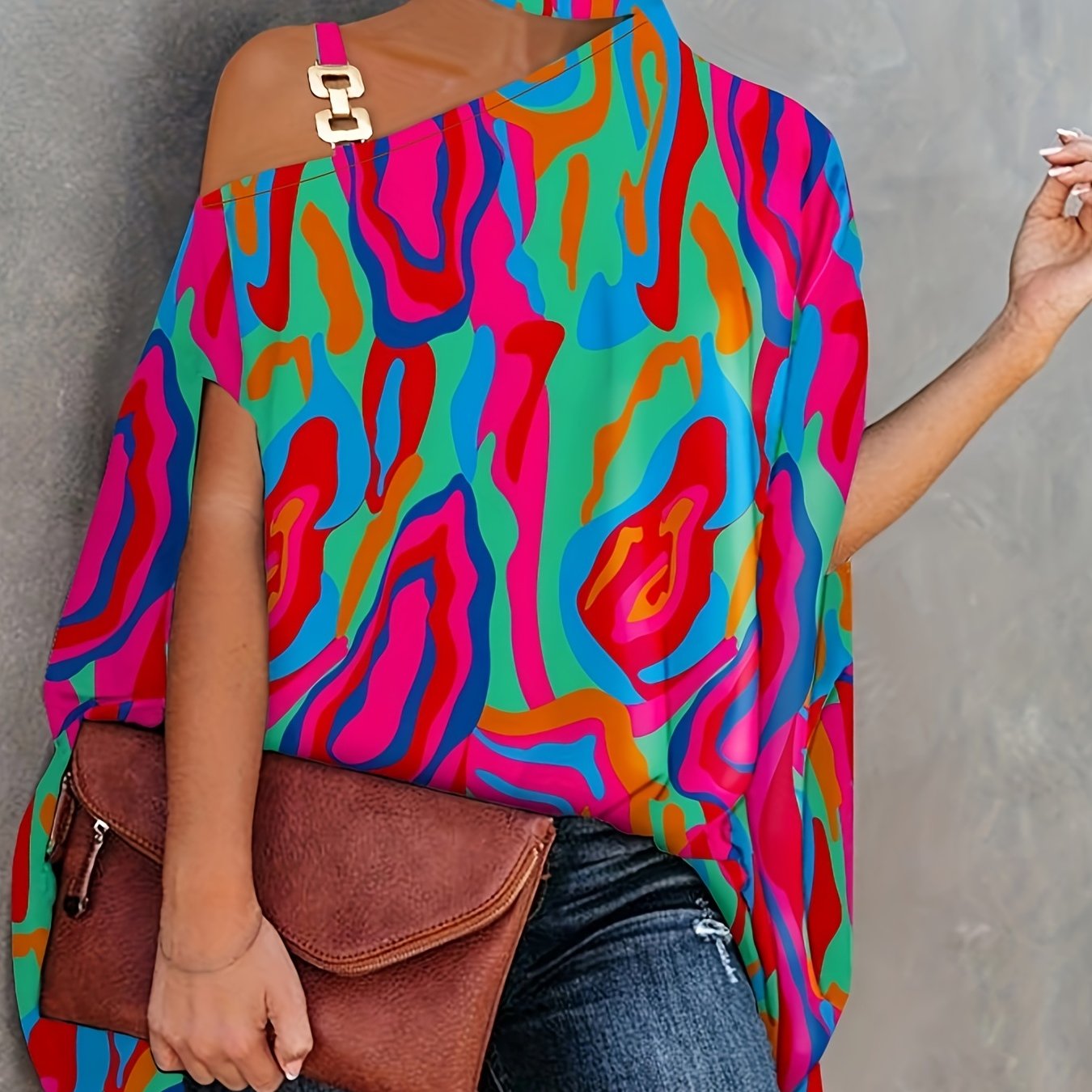  Colorblock Allover Print One Shoulder Blouse