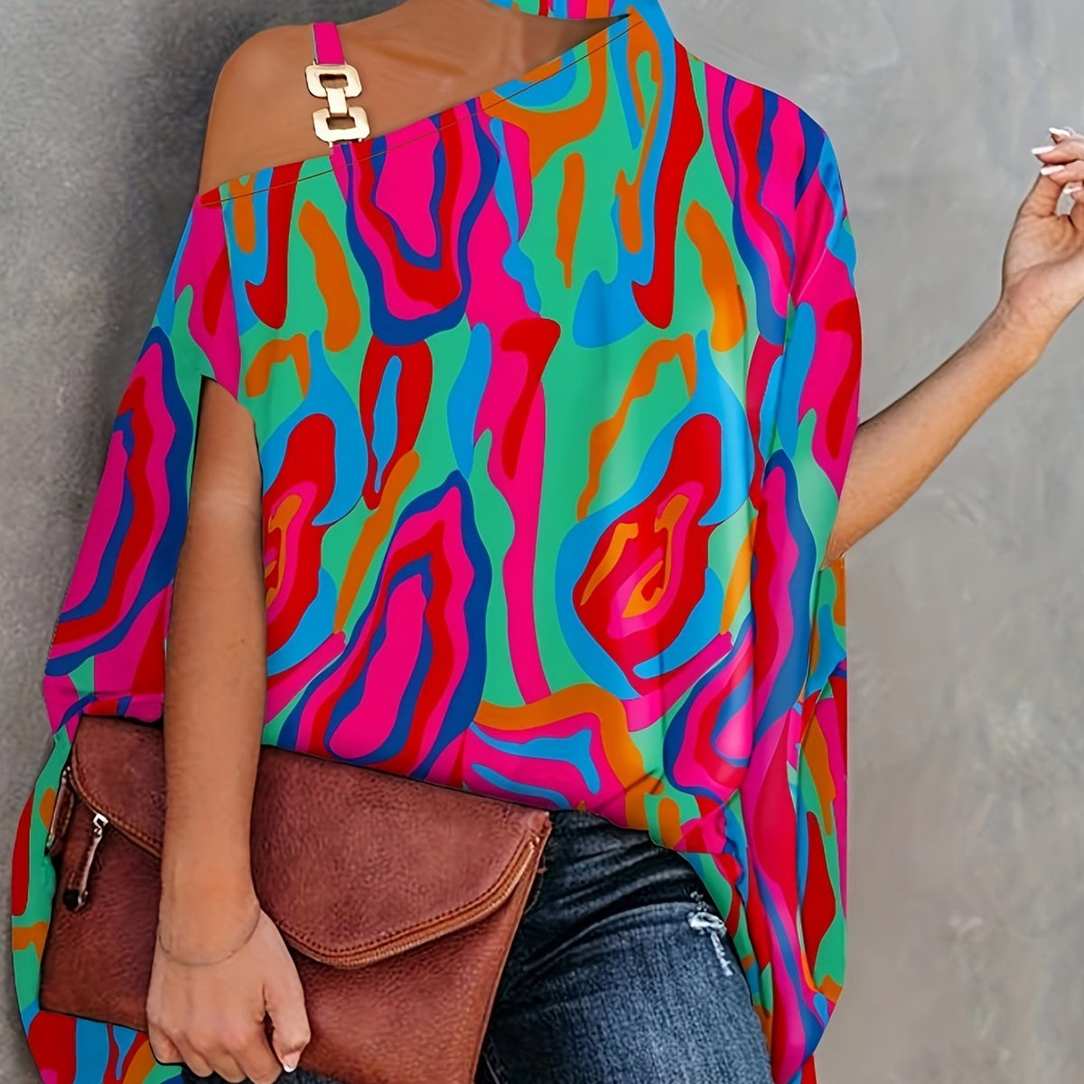  Colorblock Allover Print One Shoulder Blouse