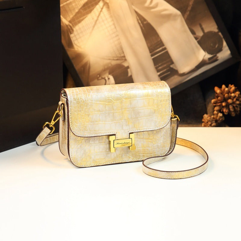 Retro Crocodile Handbag with Metal Buckle & Wrist Strap Cream Red Yellow Purple