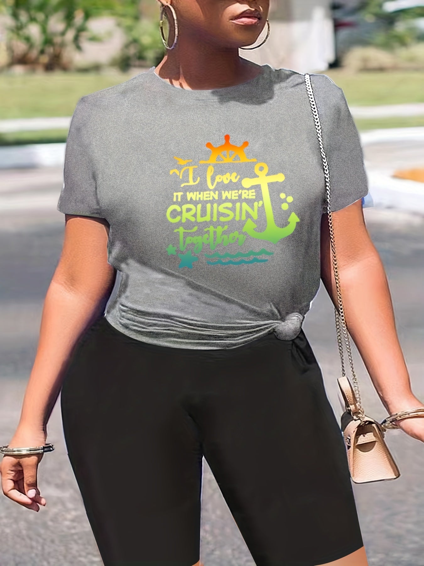  Two Piece Set Slogan & Anchor Print Top & Shorts Outfit