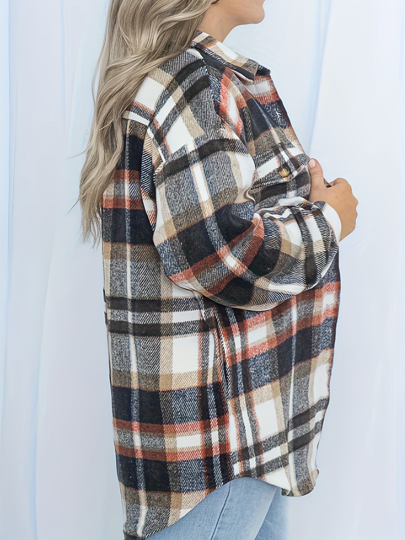  Plaid Print Button Up Long Sleeve Shacket