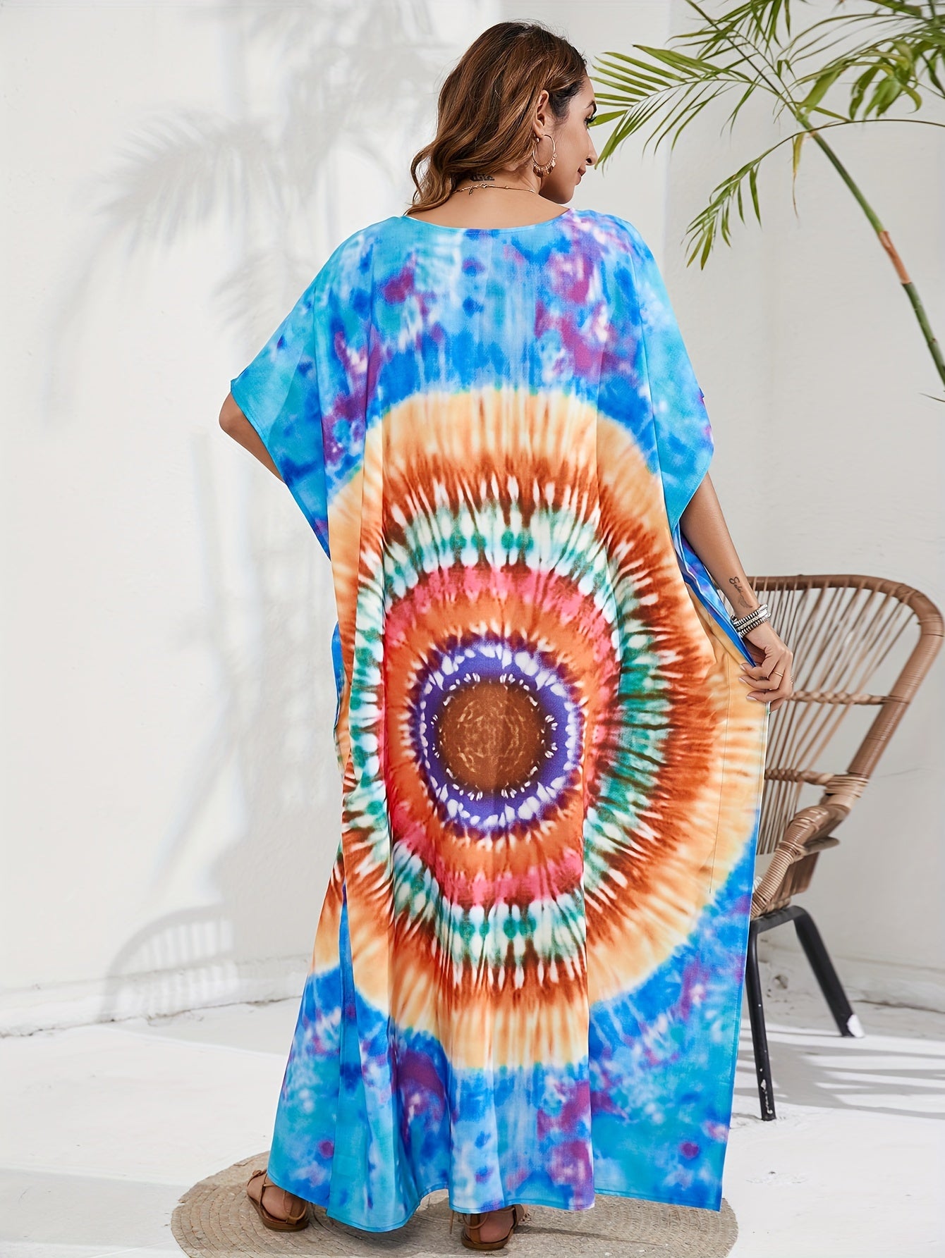  Boho Tie Dye Batwing Sleeve V Neck Maxi Cover Up