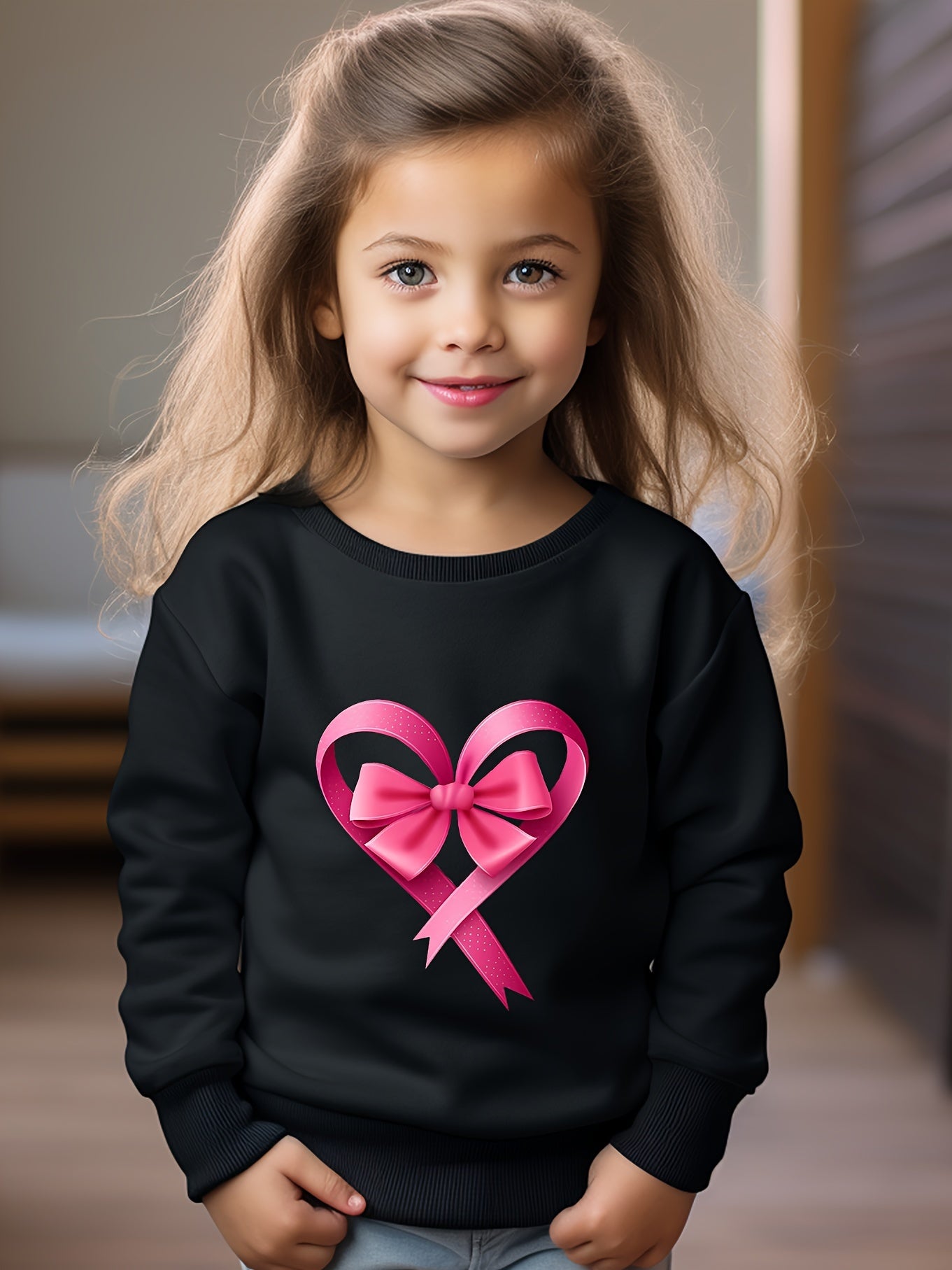 Girls Heart Pattern Crew Neck Sweatshirt For Spring Fall Christmas Gift
