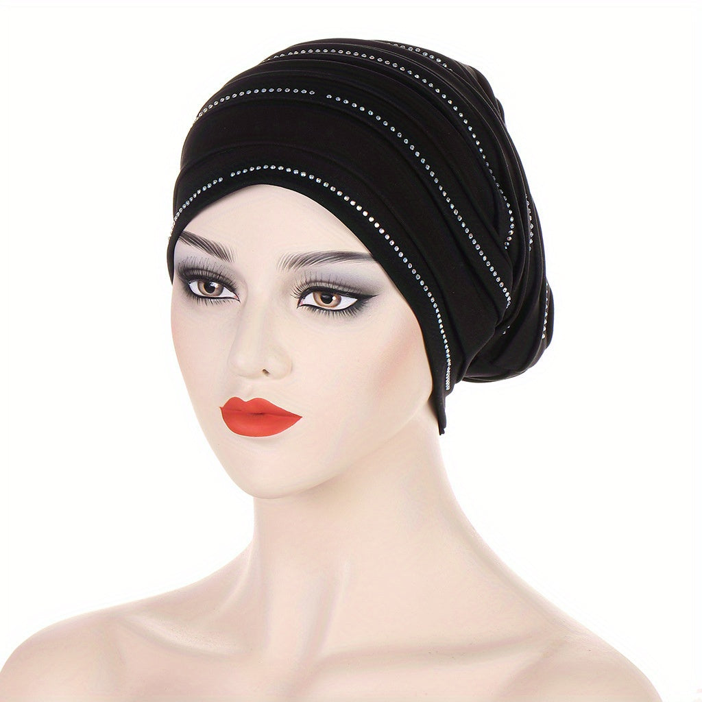 Pleated Satin Turban Cap Rhinestone Decor Head Wraps Elastic Hijab Hats