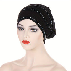 Pleated Satin Turban Cap Rhinestone Decor Head Wraps Elastic Hijab Hats