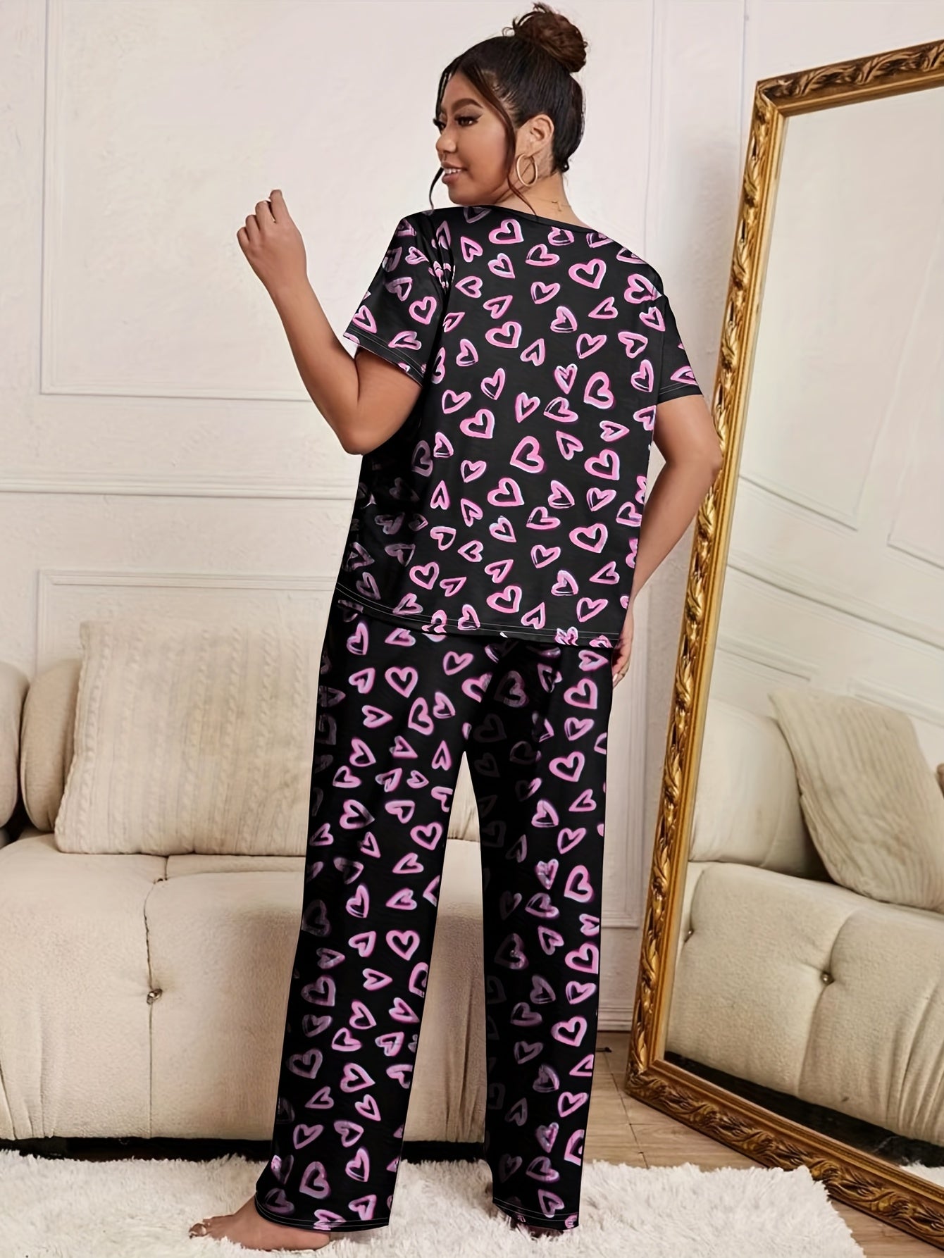  Heart Print Pajama Set Short Sleeve Top & Pants Two Piece