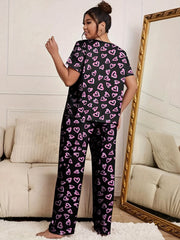  Heart Print Pajama Set Short Sleeve Top & Pants Two Piece