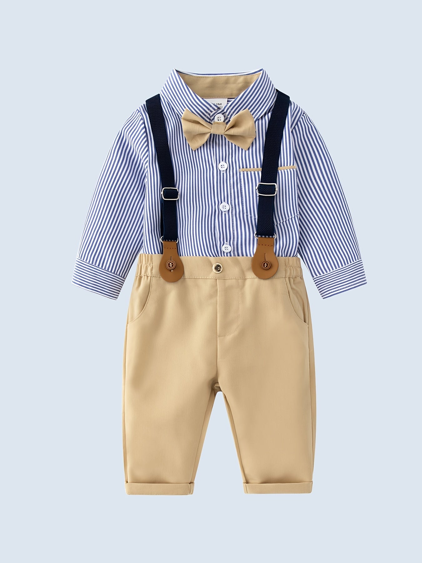 Baby Boys Gentleman Outfit Long Sleeve Shirt With Bowtie & Suspender