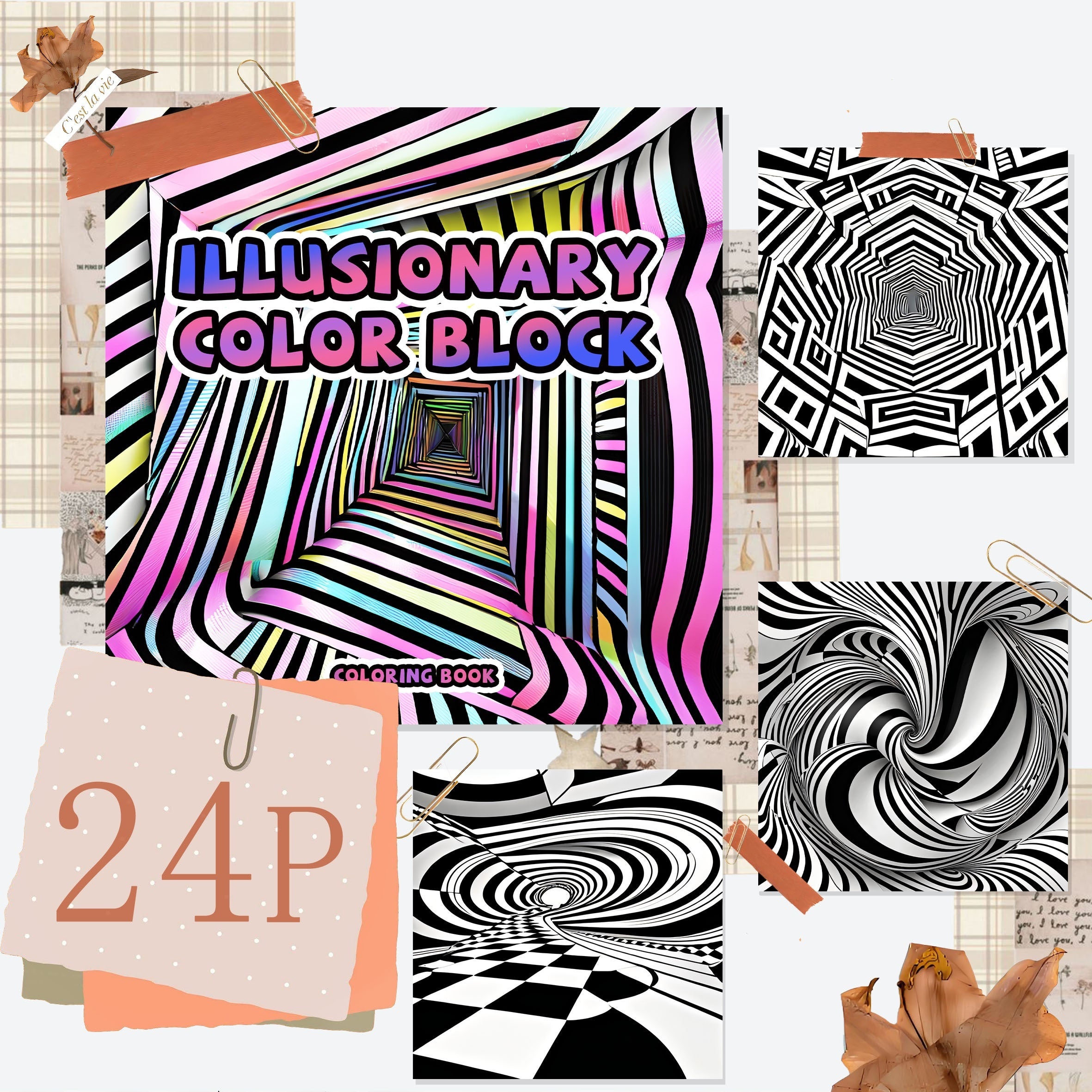 Illusionary Block Adult Coloring Book 24 Pages Single Sided Print for Relaxation