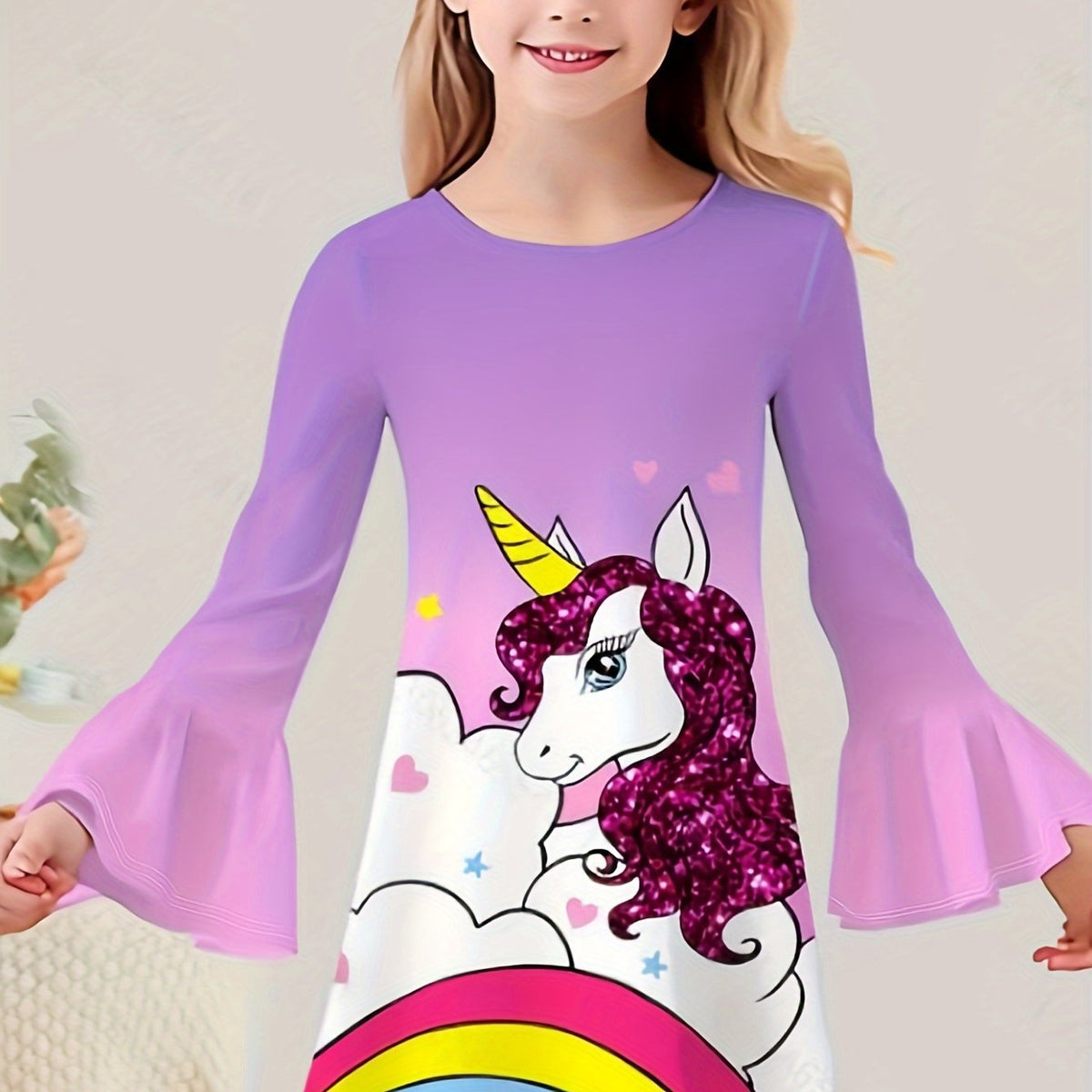 Girls Sweet Unicorn Graphic Crew Neck Long Sleeve Dress