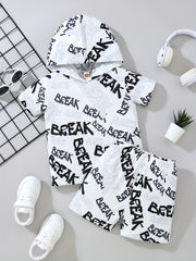 2pcs Little Boy Casual Call Graphic Hooded Short Sleeve Tees & Shorts Set